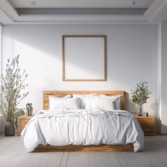Poster - Bright bedroom interior with wood frame bed and side tables in minimalist style home decor; front view of modern design