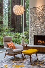 Leinwandbilder - Interior view of living room with chair ottoman fireplace and redwood forest view from window