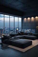Poster - Modern Apartment Interior with Modular Sofa and City View at Dusk, High-Angle Shot, Urban Living