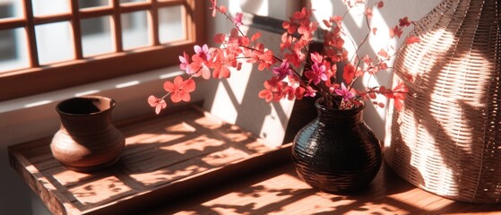Aufkleber - Still Life with Flowers and Vases by Window Light Playful Shadow Patterns Interior Scene Home Decor Photography