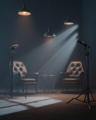 Aufkleber - Podcast studio setup with two armchairs and microphones under spotlights for interview or discussion show
