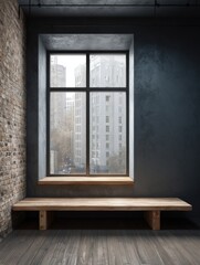 Leinwandbilder - Interior view of modern room with window overlooking city buildings; brick wall, wooden bench, dark wall, natural light