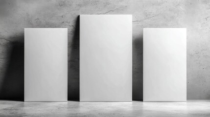Leinwandbilder - Three Blank White Canvases Leaning Against Concrete Wall Studio Shot Mockup Template for Art Display Low Angle