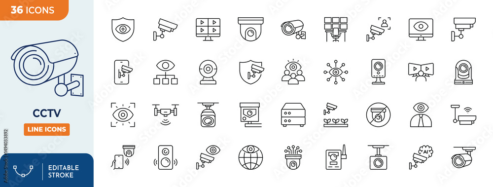 Security camera line editable icon set. CCTV icon set. Contain icons ...