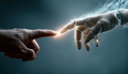 Aufkleber - Human hand touching robotic hand generating bright light