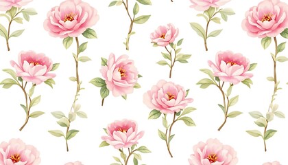  Floral Pattern with Pink Flowers and Green Leaves on White