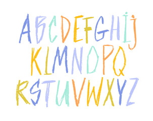 Aufkleber - Crayon drawn doodle children English alphabet. Kids font with pastel, pencil and chalk texture.