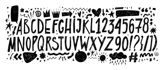 Aufkleber - Graphic funky kids English alphabet with numbers, punctuation symbols, speech bubbles and doodle shapes.