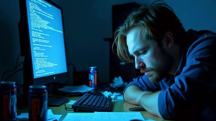 Focused programmer working late at night, surrounded by energy drinks and papers, coding intensely