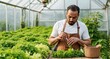 © Yuudaishin - Architect preparing a healthy salad inside a lush greenhouse