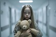 © Piter - Child abuse, Cinematic realism, pale European girl with Down syndrome clutching a teddy bear with torn seams, lonely hospital corridor during the day, centered composition, emotional focus on eyes