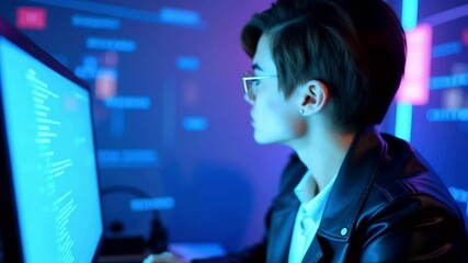 young programmer focused on coding at a computer in a futuristic tech environment with blue lighting