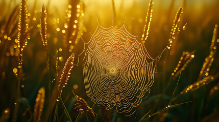 Dew-kissed spiderweb at sunrise, glistening threads in golden light, intricate design.