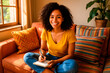 © Lacobus - Smiling Woman Writing in Notebook on Cozy Sofa