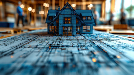 Aufkleber - Detailed digital engineering blueprint features miniature house model, symbolizing architectural planning and design. blueprint is vibrant and intricate, showcasing technical precision