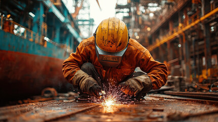 Leinwandbilder - Welder in protective gear works diligently at large shipyard, surrounded by industrial structures and sparks flying from welding process