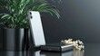 © Light of Art - Smartphone and portable hard drive sit near a potted plant with a dark background showcasing modern technology and sleek design with a minimalist aesthetic.