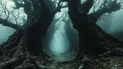 Wall Mural - Enigmatic forest with twisted trees shrouded in mist