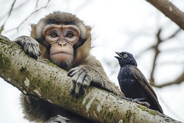 a monkey resting on a tree branch with a black bird perched beside it looking up at the monkey
