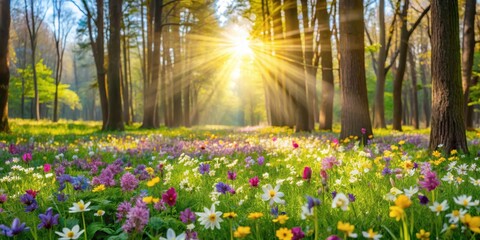 Wall Mural - Vibrant spring wildflowers sway gently in the sunlight filtering through the forest canopy above a serene meadow, natural scenery, flowers