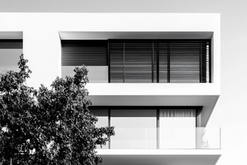 Wall Mural - Modern minimalist architecture, monochrome.  Balcony, tree, building, windows