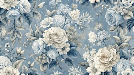 Wall Mural - Classic French toile de Jouy blue floral pattern with elegant white roses, hydrangeas and daisies on a soft, muted background