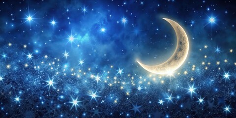 Ethereal celestial design featuring a starry night sky with twinkling stars and a crescent moon, set against a deep indigo blue background , night sky, stars