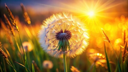 Wall Mural - A stunning close-up of a dandelion flower with intricate details and vibrant colors against a bright sunlit background, capturing its beauty and majesty , landscape, meadow