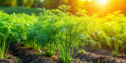 Wall Mural - Fresh dill plants growing in a vegetable bed with lush green foliage and a few stalks stretching towards the sunlight