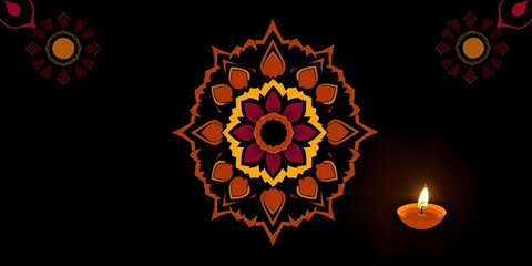 Wall Mural - abstract geometric diwali rangoli pattern in warm autumnal colors on dark background , autumn, elega