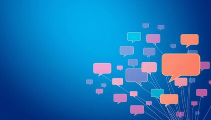 Wall Mural - Abstract blue background with chat bubbles forming a communication network ,  icons,  background