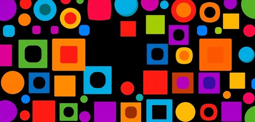 Poster - vibrant abstract geometric pattern of colorful circles and squares on a deep black background, dark,