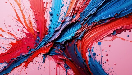 Wall Mural - Dynamic Abstract Artwork with Vibrant Colors and Paint Splatter on a Pink Background