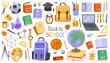 © sorninai - Back to school collection, colorful cute illustrations. Set of school supplies. Globe, backpack, books, watches, notebooks, pencils, laptop.