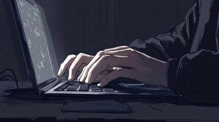 Night coder typing code on laptop, dark room, data streams, cybersecurity illustration