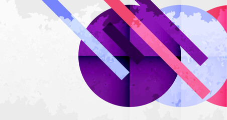 Fototapete - Abstract geometric composition. Purple, blue, pink shapes overlap textured white background. Modern design elements present.