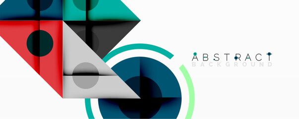 Leinwandbilder - Geometric shapes overlap, creating modern design. Blue, red, teal colors dominate composition. Minimalist aesthetic, clean lines present.