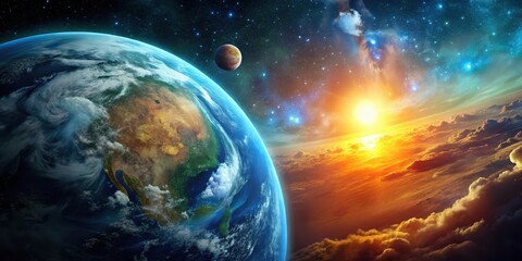 Wall Mural - Planet Earth isolated on a black background with a stunning blue and green atmosphere, featuring swirling clouds and a radiant orange sun , night sky, cosmic