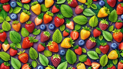 Canvas Print - vibrant strawberry pattern with multicolored berries and leaves, orange, art, orange, art, organic, 