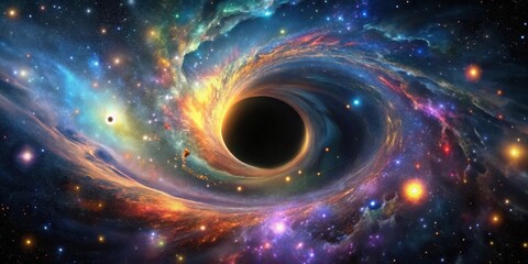 Wall Mural - Dark space background with swirling black hole absorbing colorful stars and galaxies, creating a mesmerizing cosmic dance, celestial bodies, cosmos