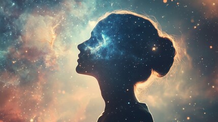 Wall Mural - Silhouette of a woman with a nebula in her head, symbolizing the vastness of the mind and the potential within each of us.