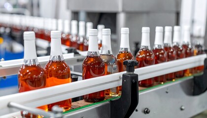 Aufkleber - Bottles of liquor moving on conveyor belt.