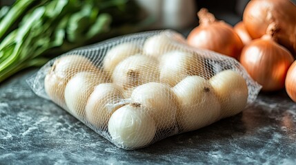 A close up of white onions in a net bag with brown onions and green vegetables on a gray surface