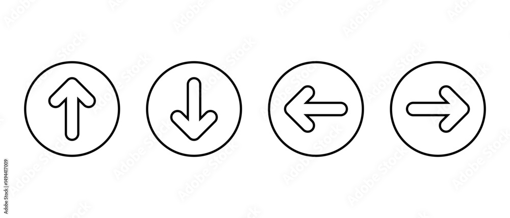 Up, down, left, and right arrow icon on circle line. Direction arrows ...