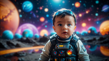 A little baby wearing space suit, astronaut, outer space, colorful planets and galaxies background