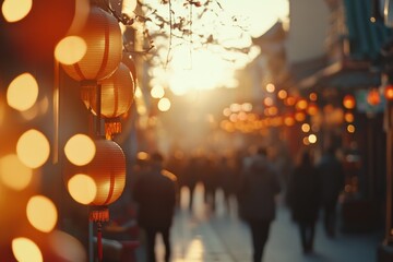Wall Mural - chinese new year, a street scene with lanterns hanging in the foreground, a blurred background of pe