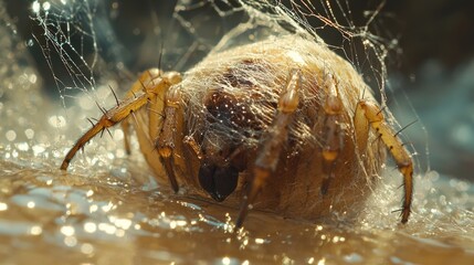 Close-up of arachnid enveloped in silken cocoon, near water, glistening surface