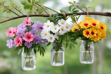 Colorful flower bouquets hanging from tree branch in glass jars