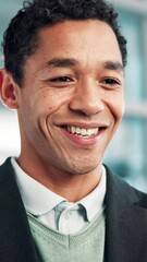 Aufkleber - Research, online and smile with business man in office for financial advisor, stock broker and market report. Communication, trading network and reading with person in agency for connection and app