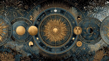 Wall Mural - Cosmic zodiac mandala with celestial symbols and lunar phases